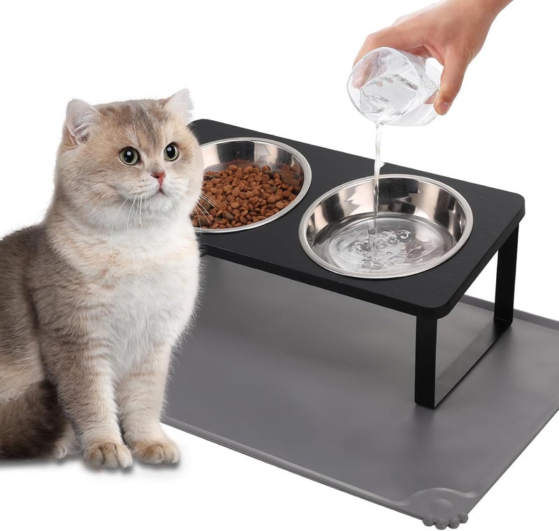 Summark Upgraded Elevated Cat Bowls with Food Mat,15°Tilted Stand Anti Vomiting Raised Cat Dishes for Food and Water,2 Stainless Steel Bowls for Cats and Puppy（Black） - Image 1